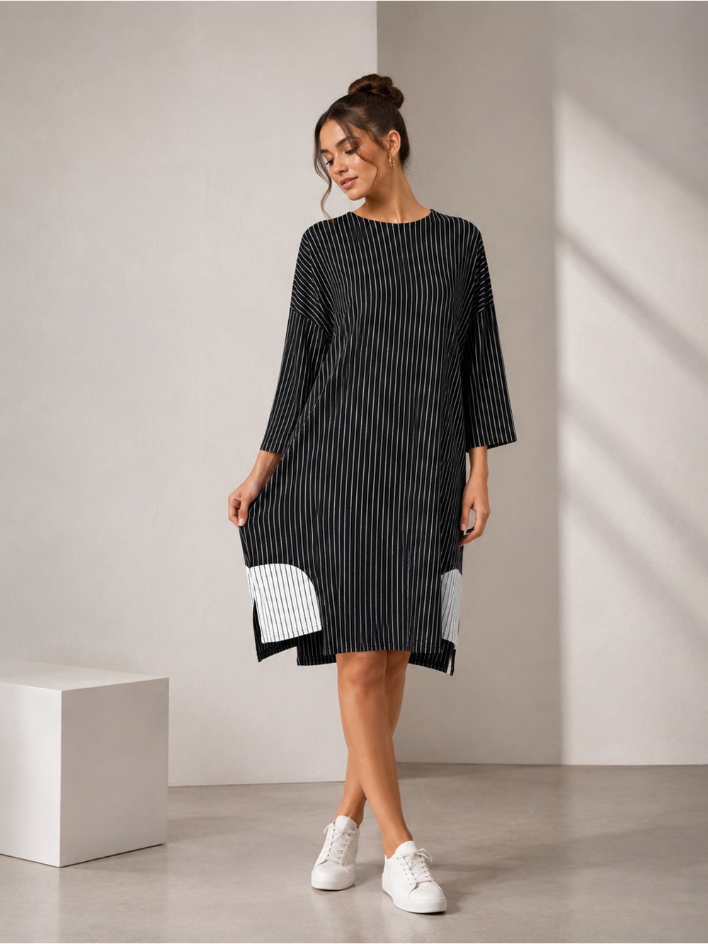 Milla Snorrason - Minimalist Black & White Striped Oversized Midi Dress, L